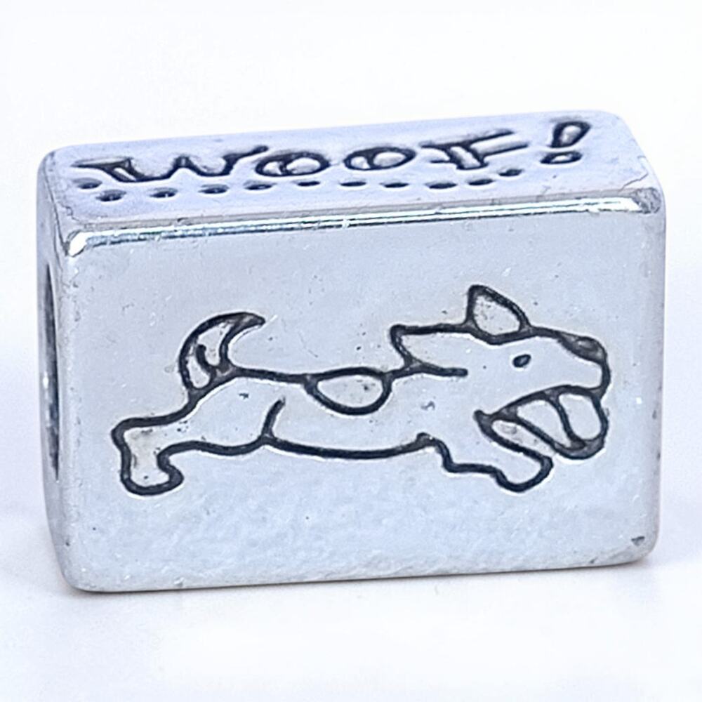 Brighton Woof Dog Charm Bead Cubic Rectangular Etched Silver Retired